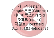 ĸ (safari) , Google ũ(Chrome) ,̾(firefox), (opera), Ʈ(Rockmelt), ݽ(Netscape)   񽺸 ϰ ֽϴ.